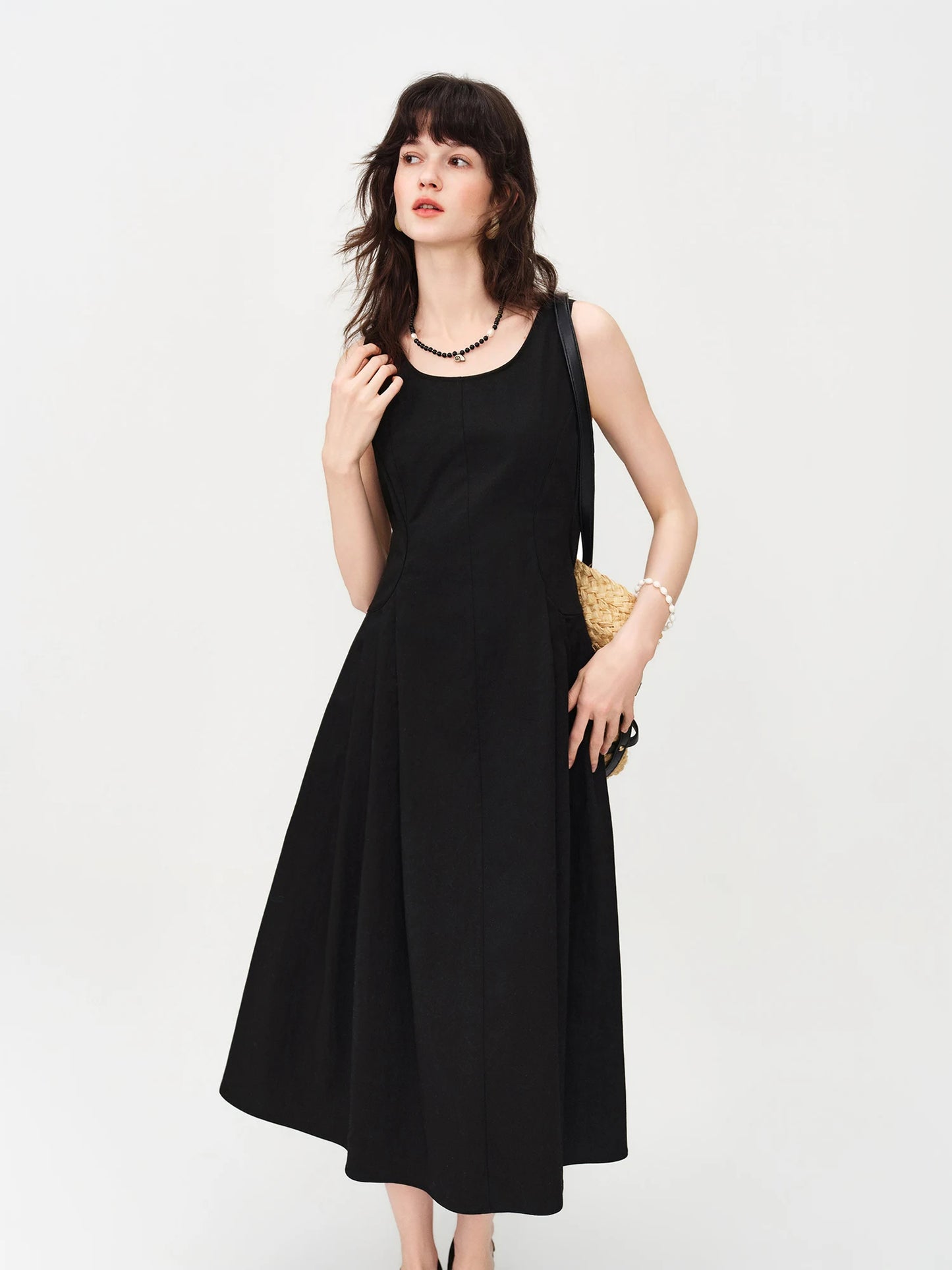 Black Square Neck A-Line Midi Dress