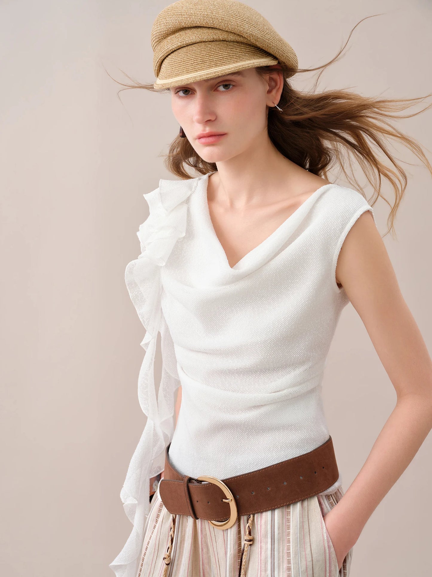 Ivory Cowl Neck Ruffle Top