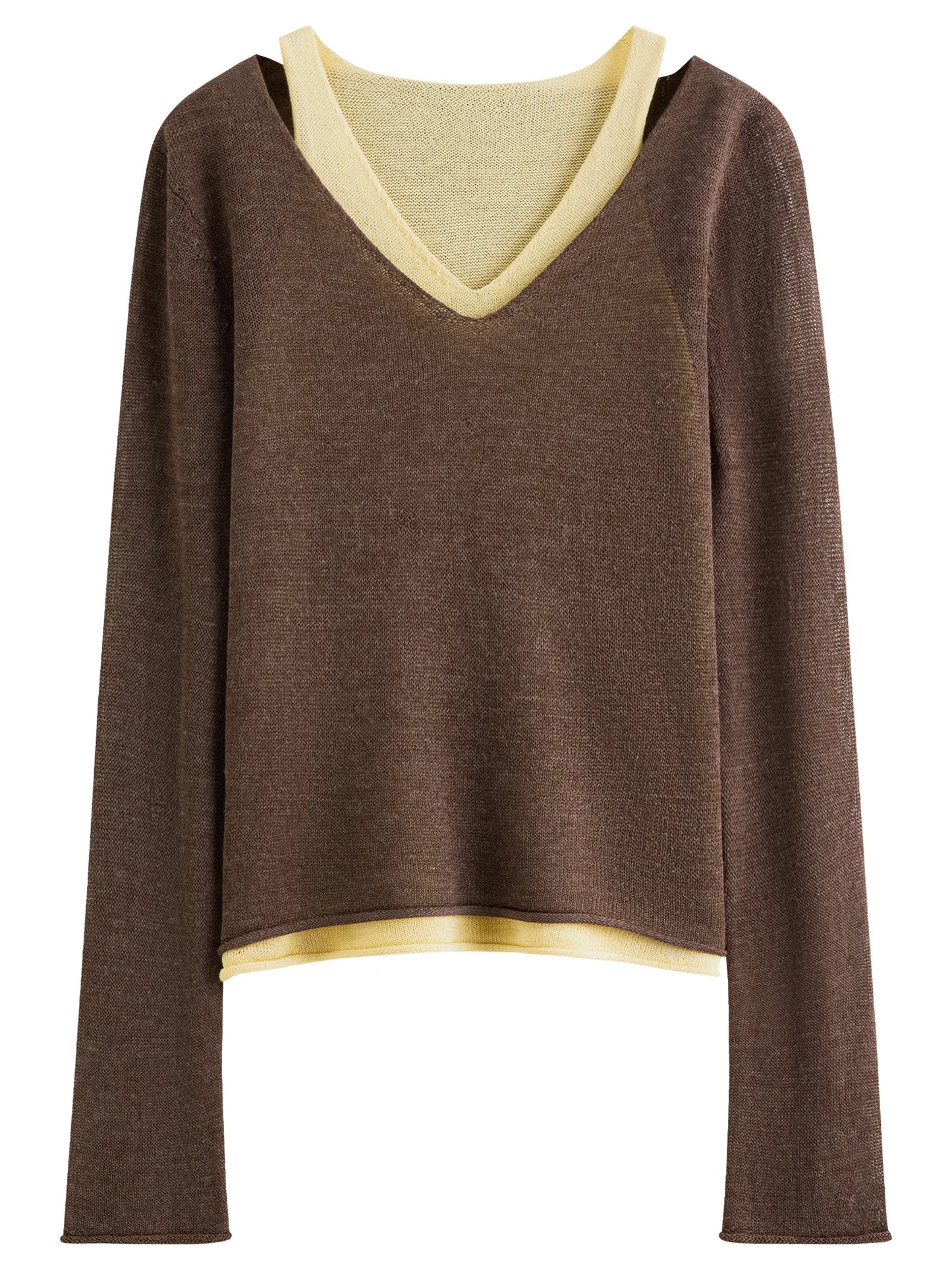 Chocolate Contrast Neck Sheer Knit Top