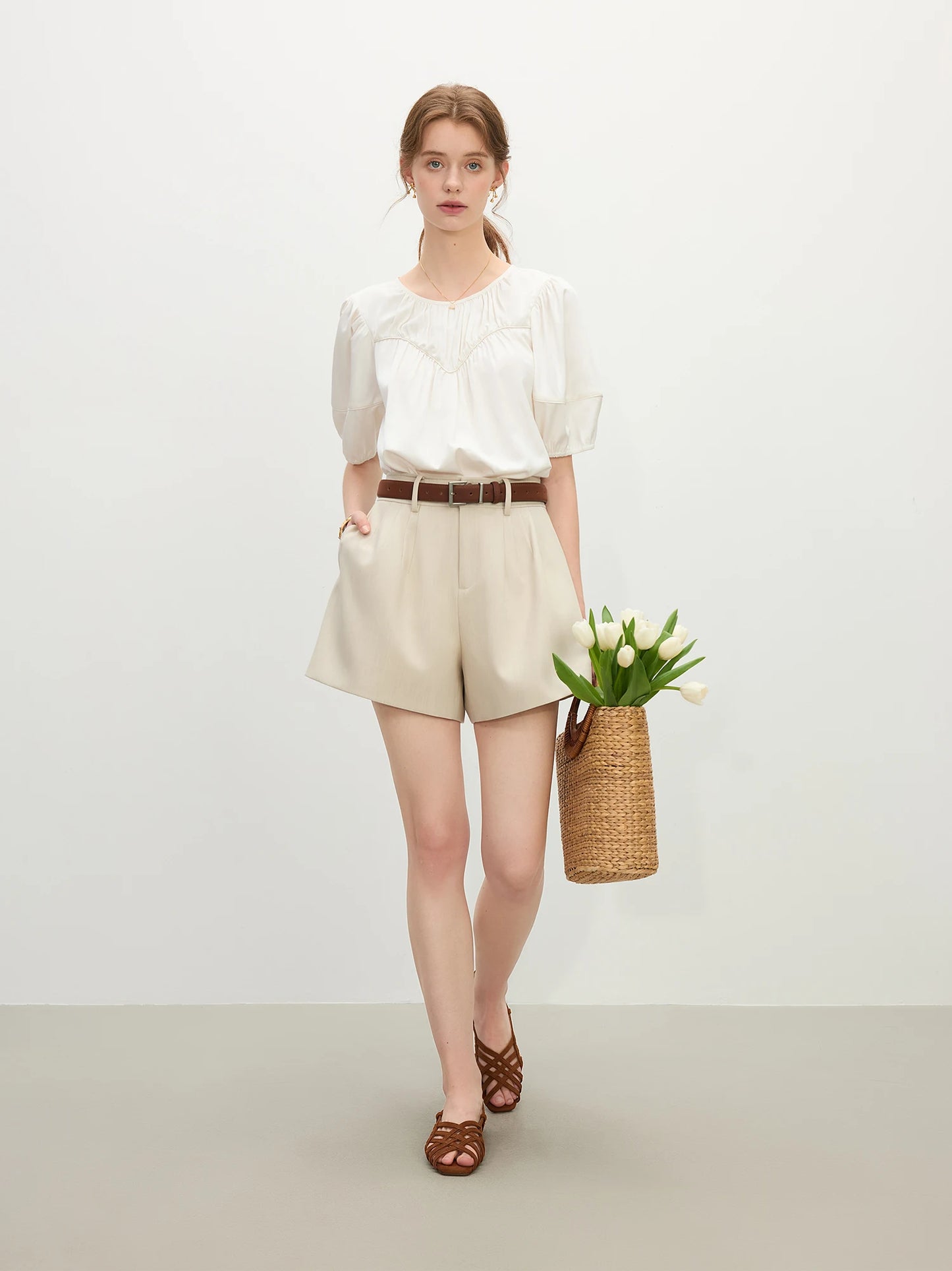Ivory Pleated A Line Shorts