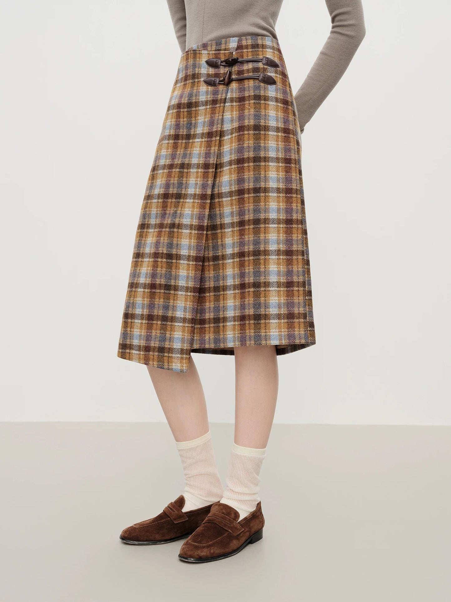 Brown Plaid Buckle Midi Skirt