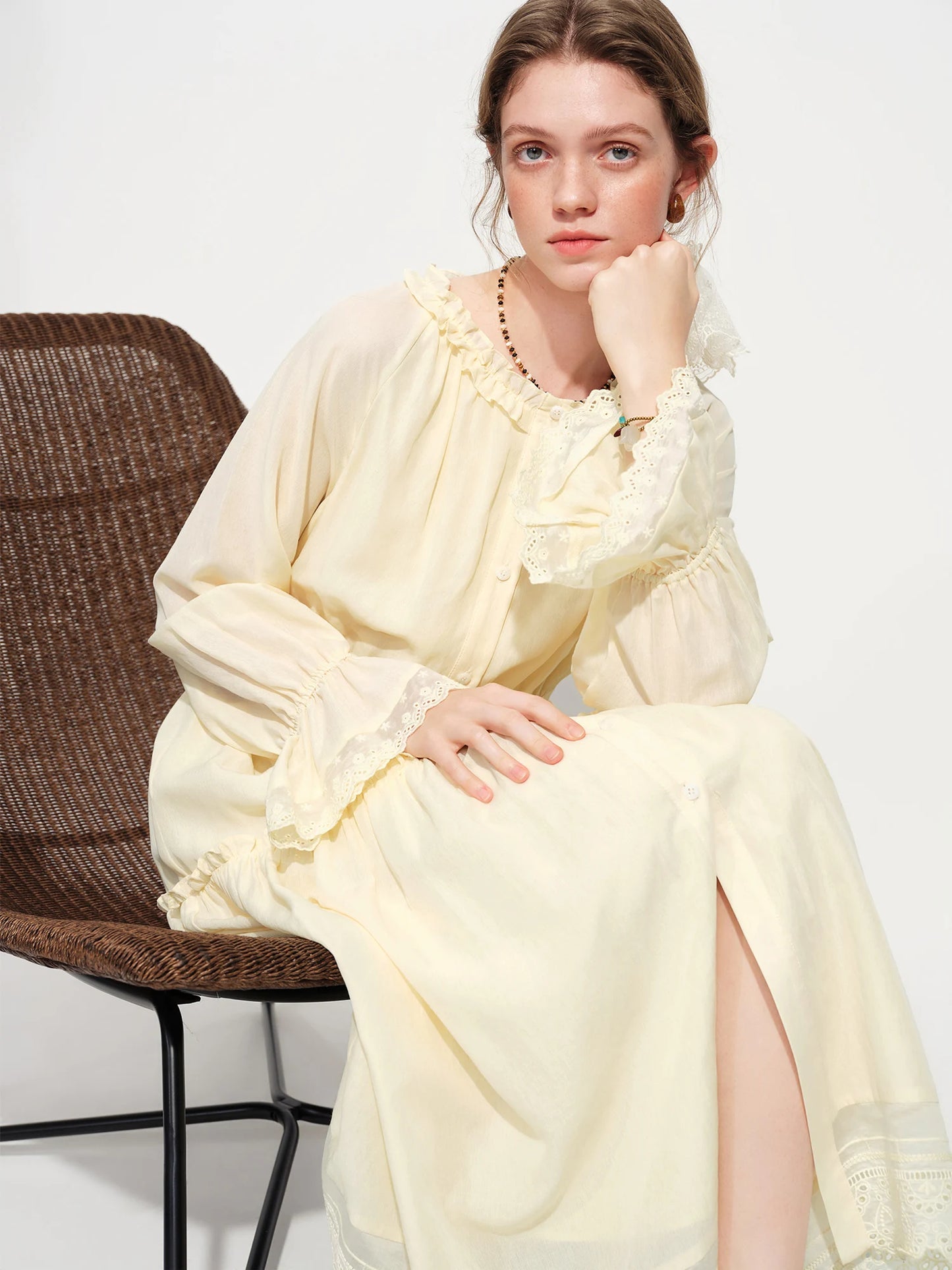 Ivory Lace Trim Long Sleeve Maxi Dress