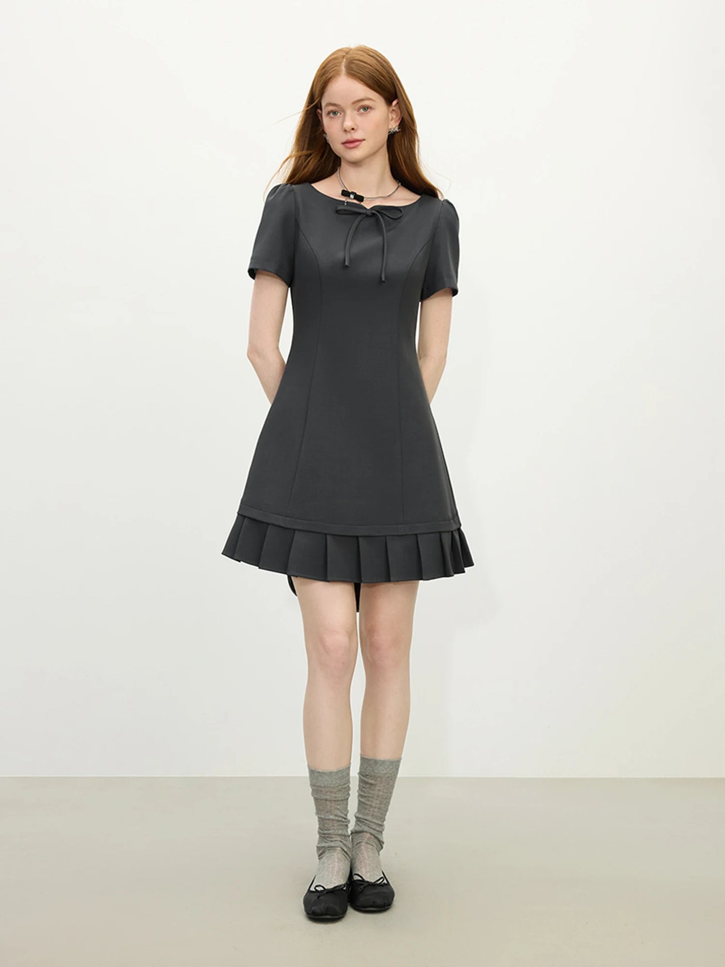 Black Bow Pleated Mini Dress