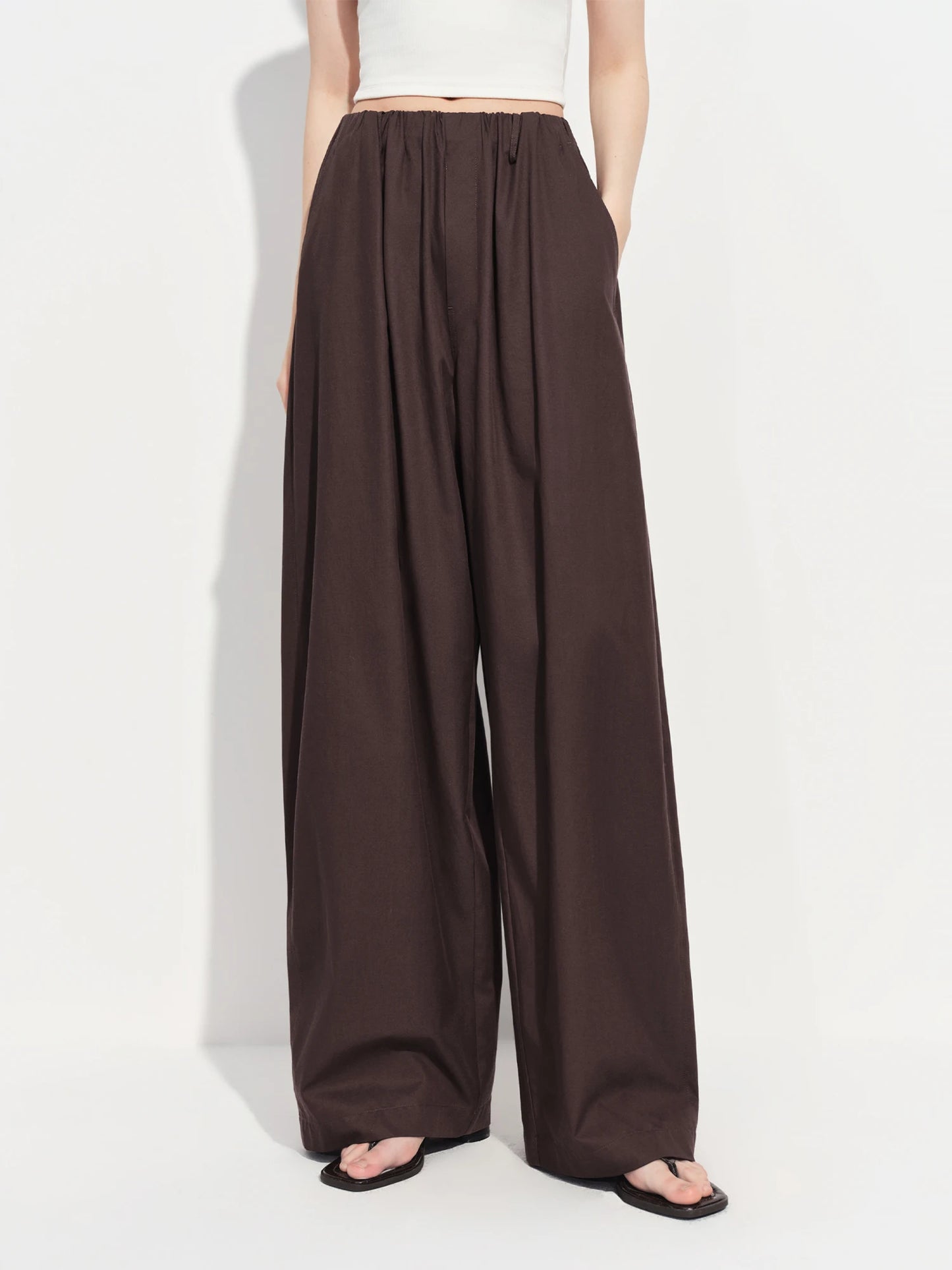 Brown Drawstring Wide Leg Pants