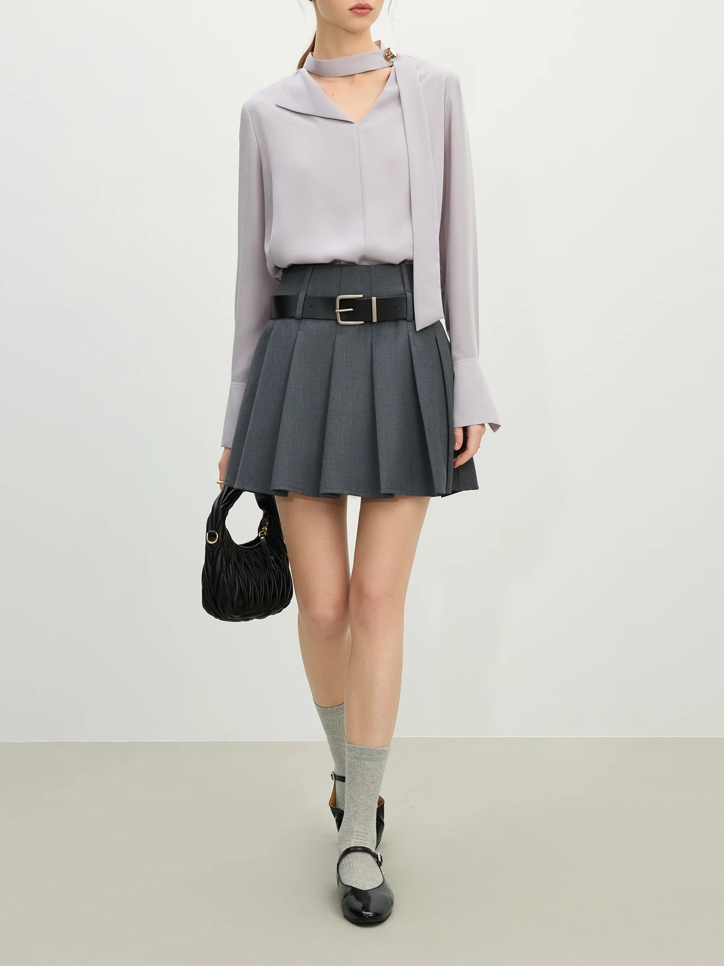 Charcoal Belted Pleated Mini Skirt