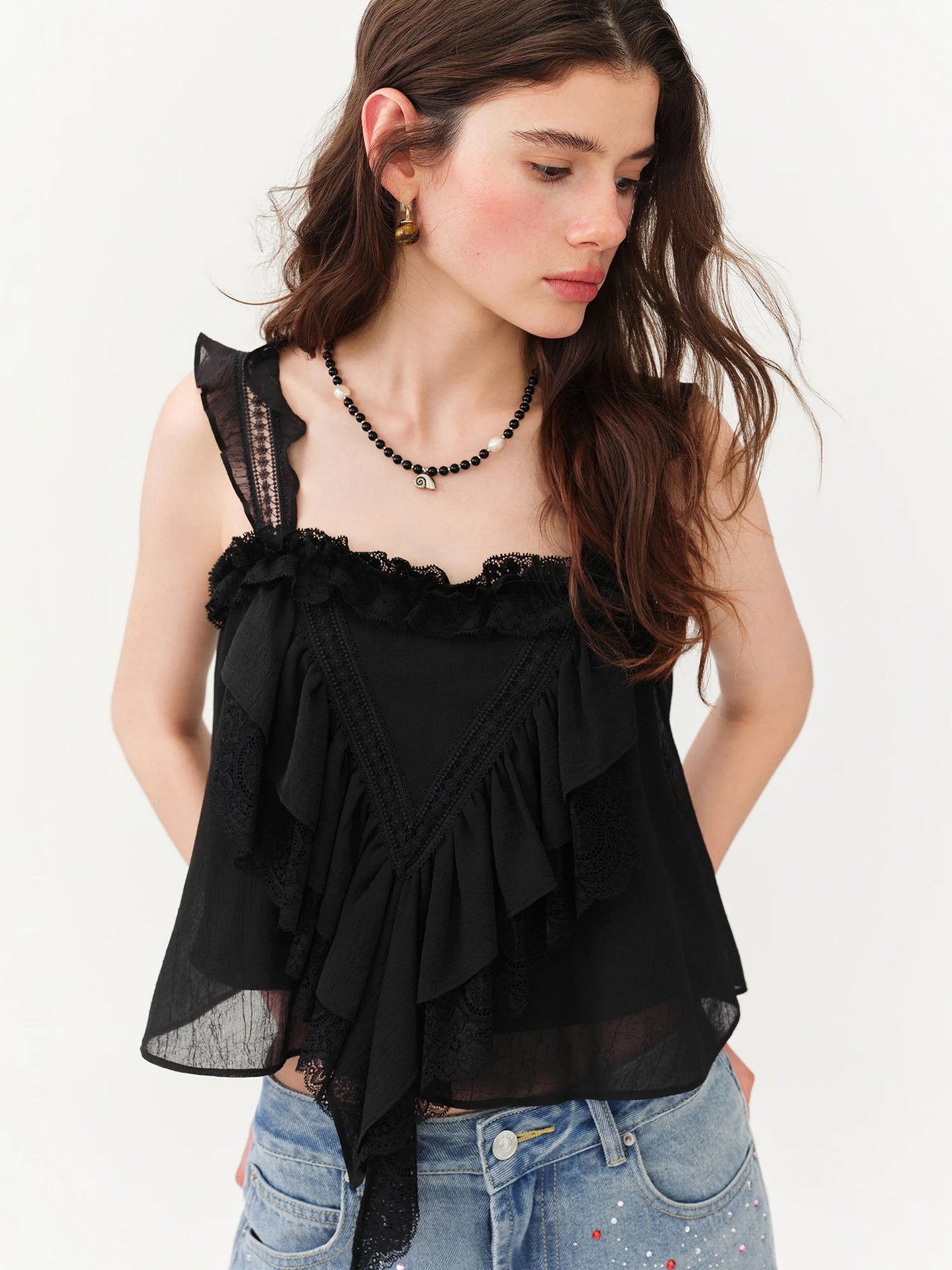 Black Lace Trim Spaghetti Strap Blouse