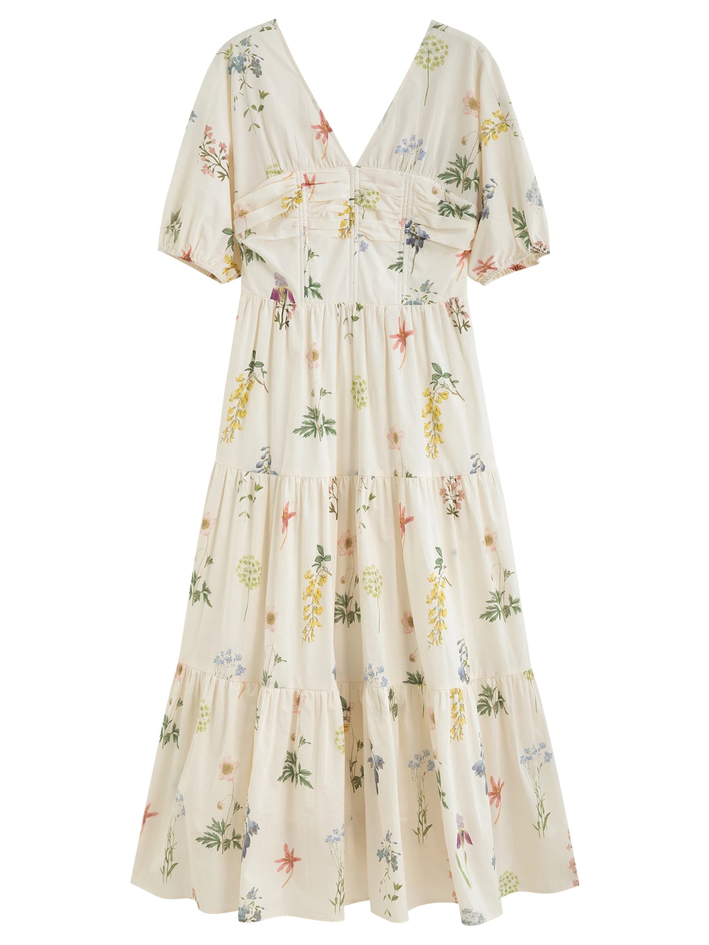 Ivory Floral V-Neck Midi Dress