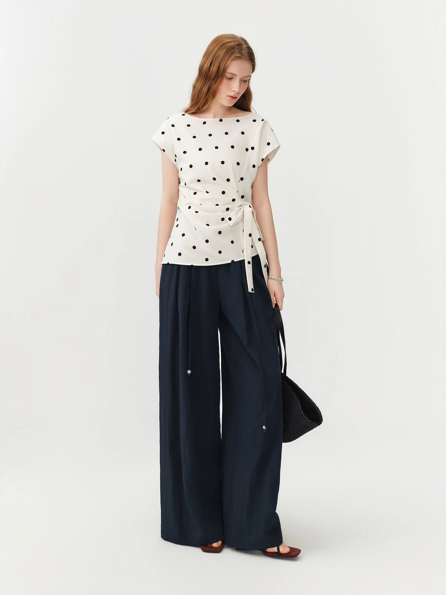 Polka Dot Tie Waist Blouse
