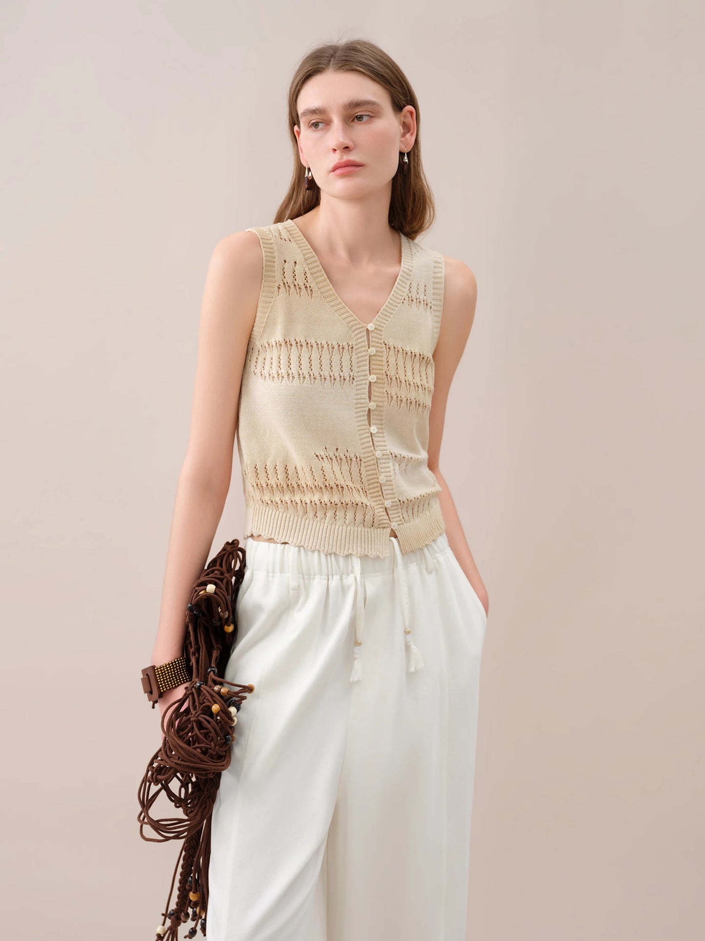 Taupe Open Knit Button Vest