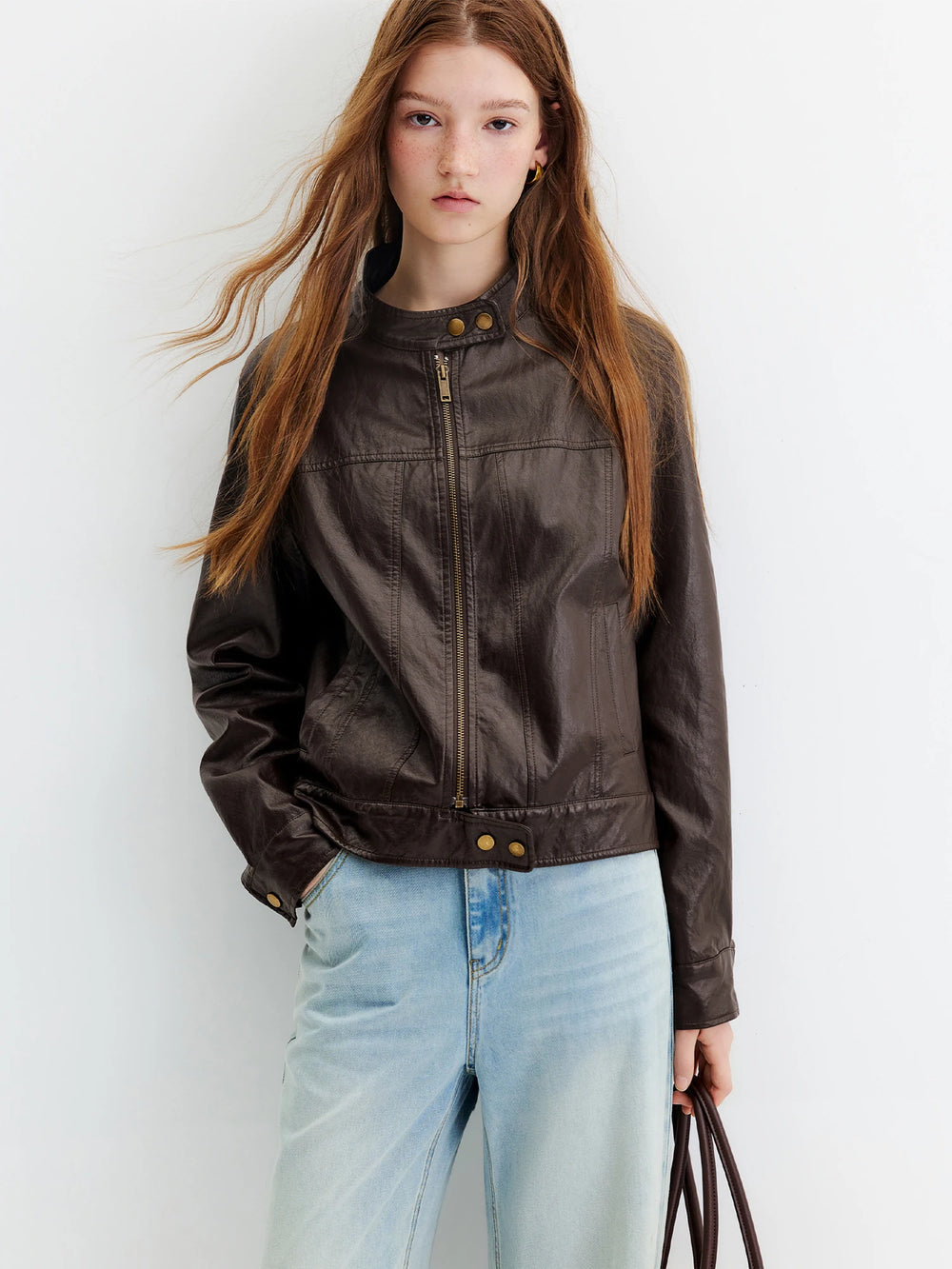Dark Brown Stand Collar Leather Jacket
