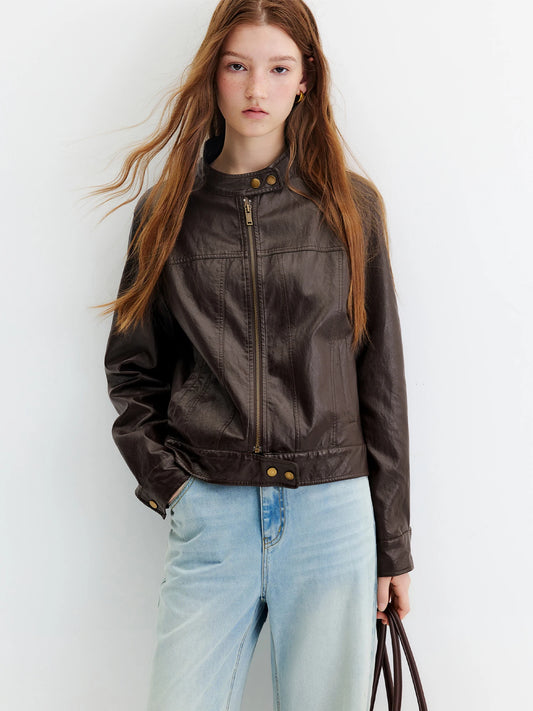 Dark Brown Stand Collar Leather Jacket