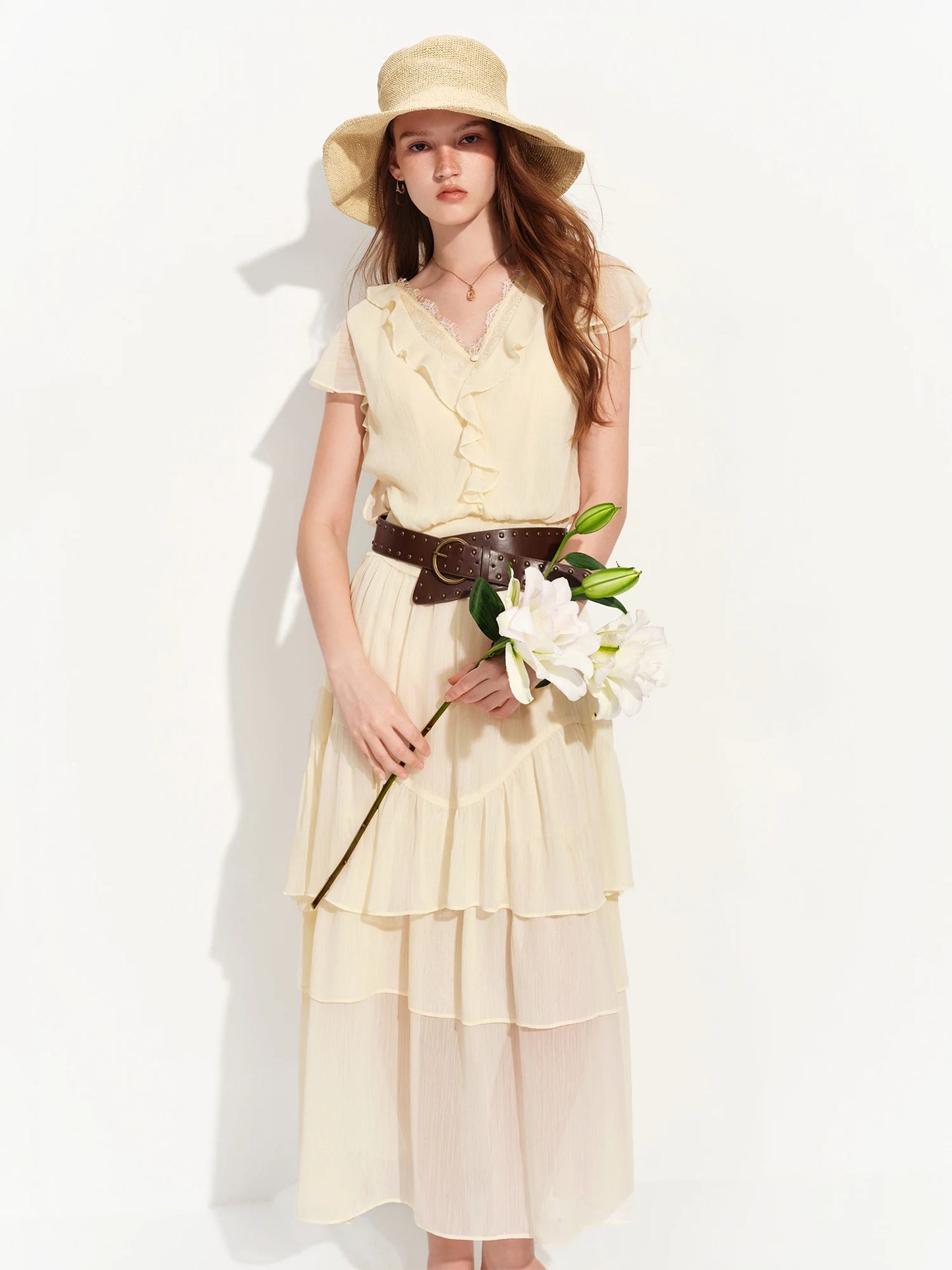 Ivory Tiered Lace Trim Maxi Dress