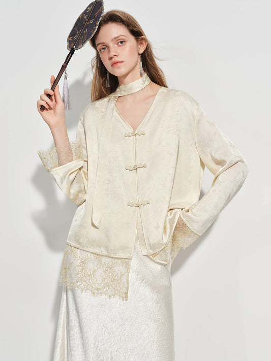Ivory Jacquard Mandarin Collar Blazer
