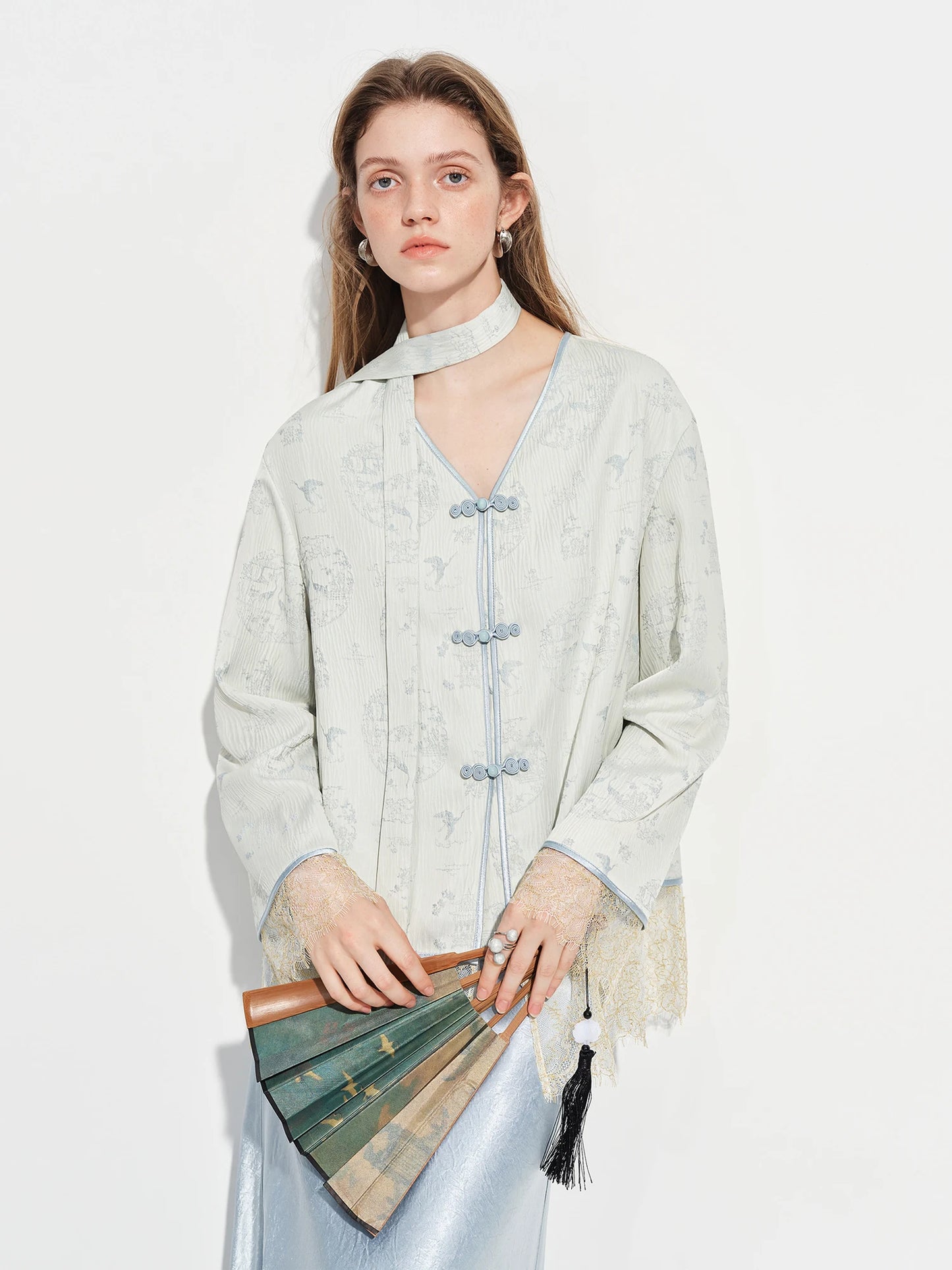Pale Blue Jacquard Mandarin Collar Blazer