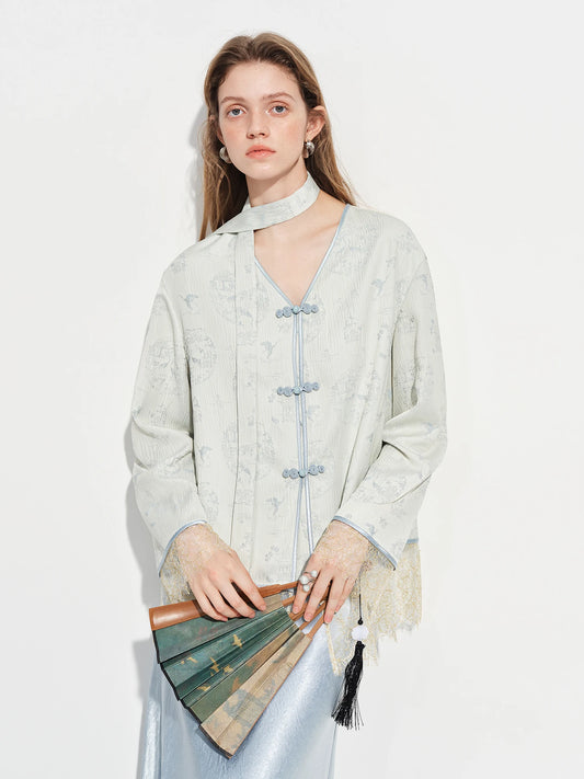Pale Blue Jacquard Mandarin Collar Blazer