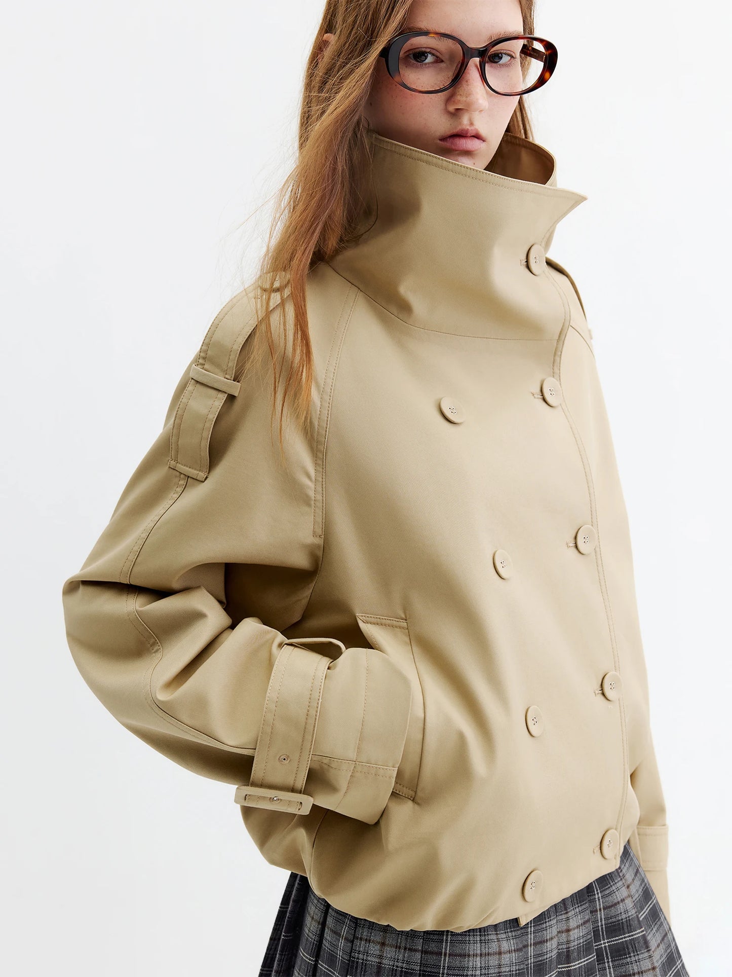 Khaki Double Breasted Cropped Trench Jacket