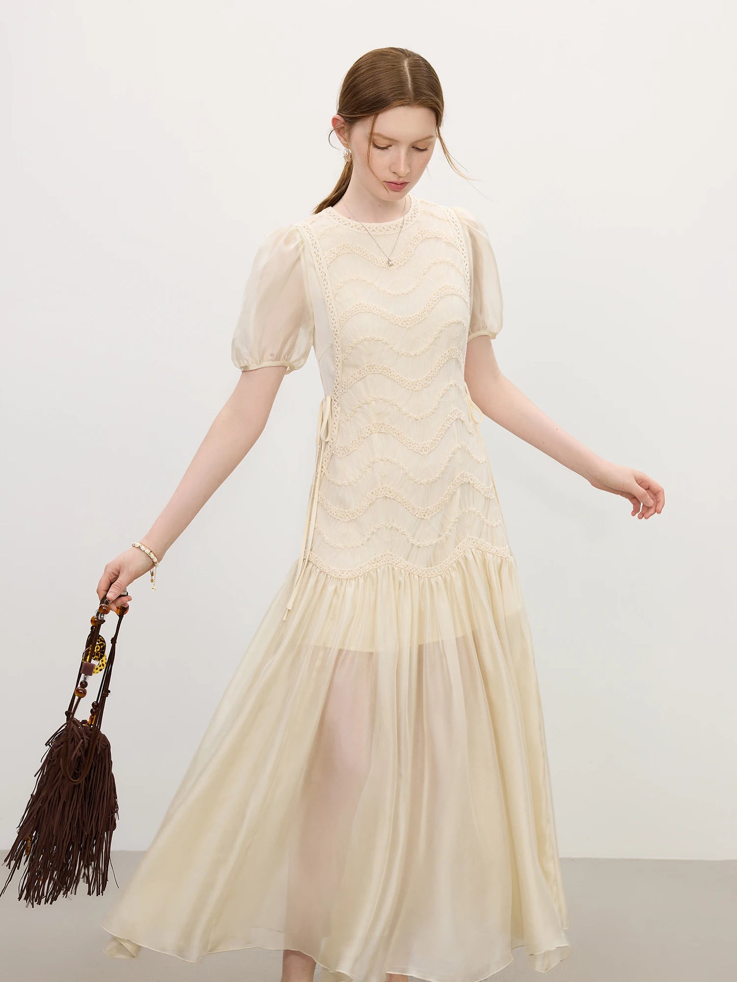 Ivory Embroidered Puff Sleeve Maxi Dress
