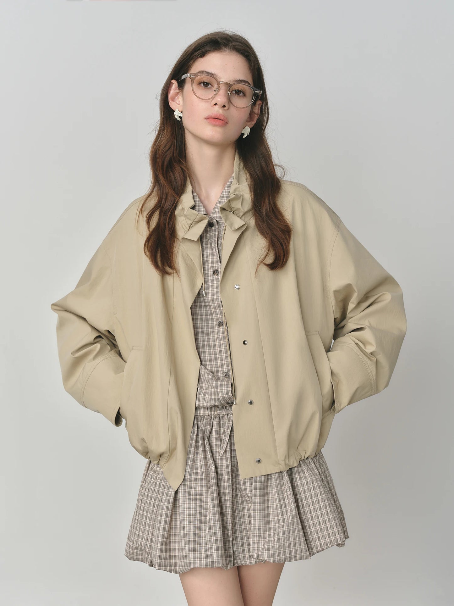 Beige Puff Sleeve Bomber Jacket
