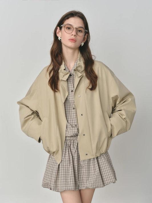 Beige Puff Sleeve Bomber Jacket