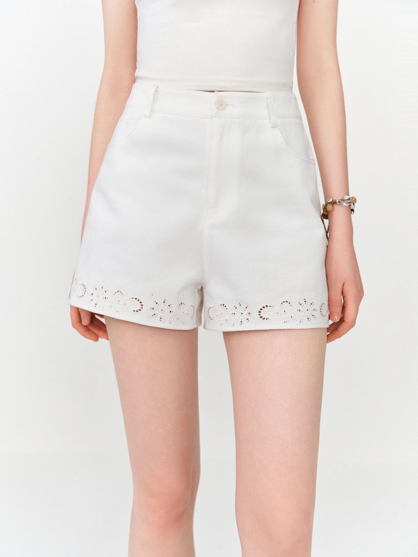White Eyelet Embroidered Tailored Shorts