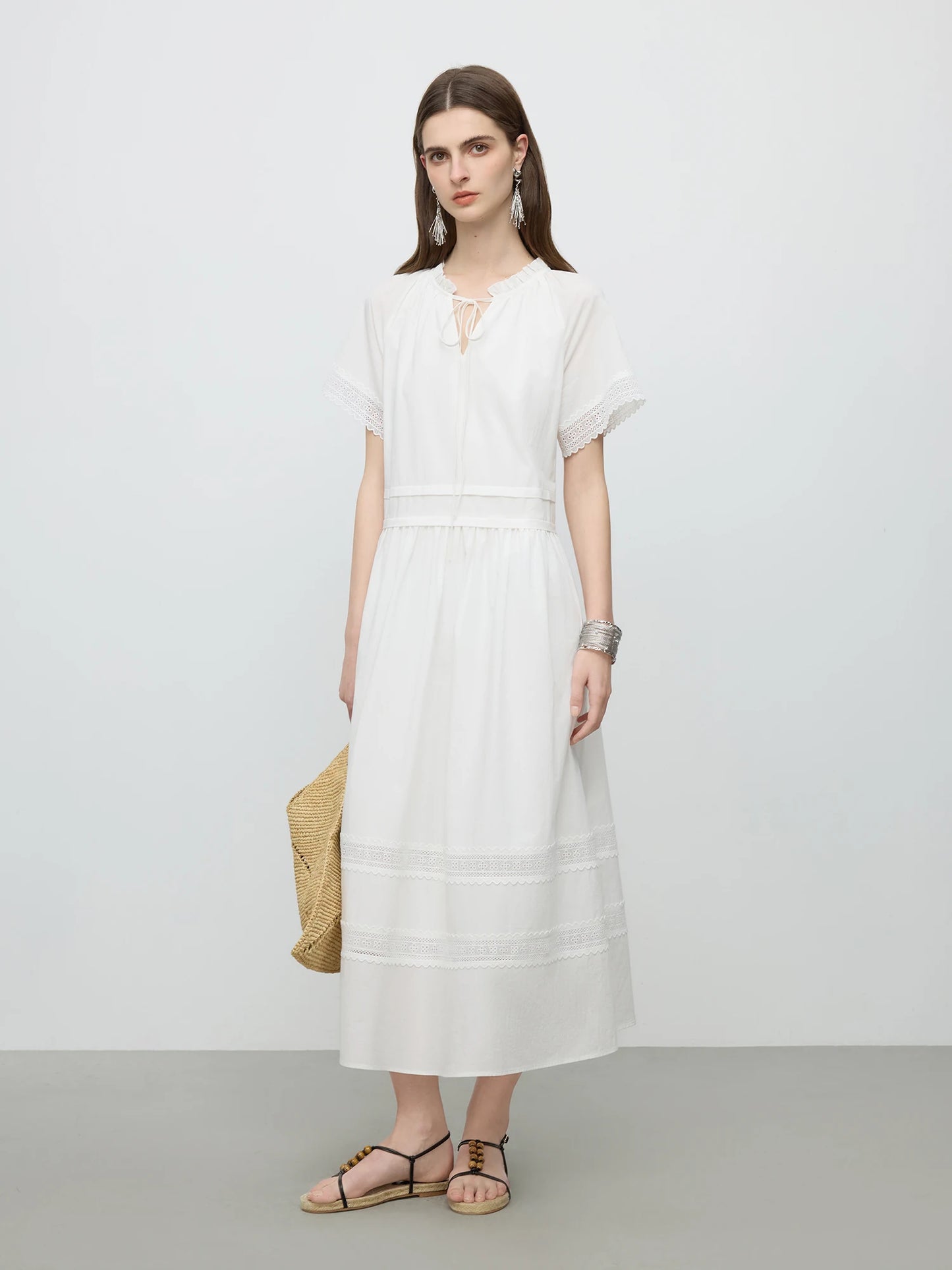 White Lace Panel Shirt Midi Dress