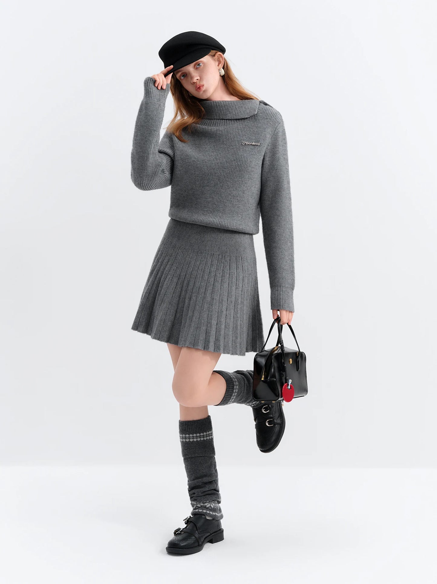 Grey Turtleneck Pleated Mini Dress
