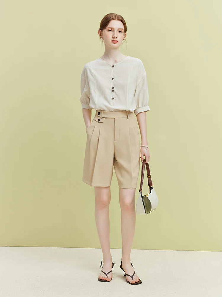 Ivory Pleated Button Waist Shorts