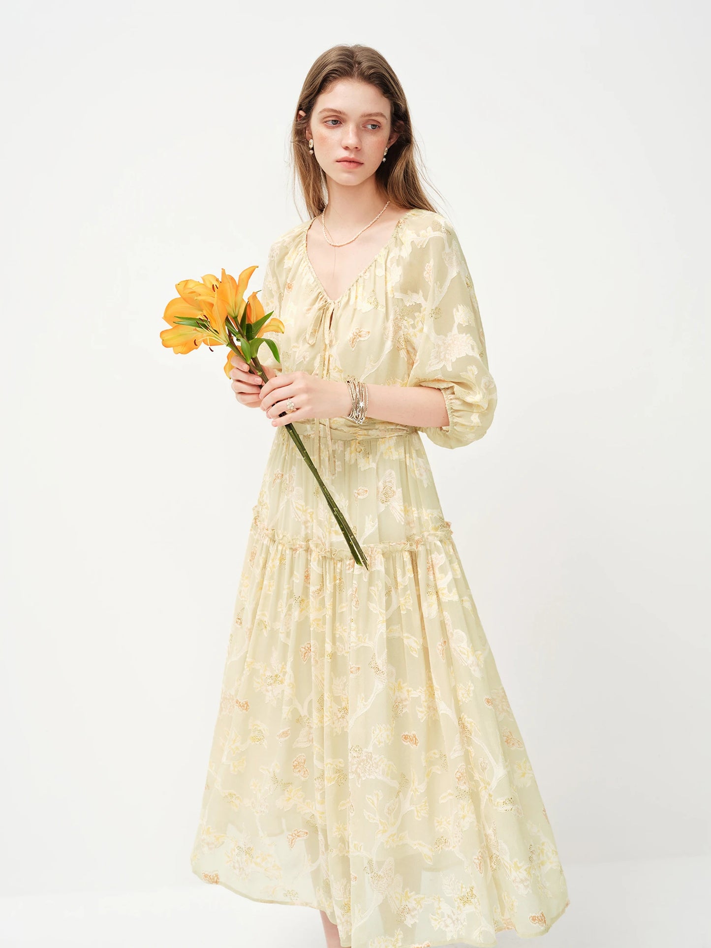 Butter Yellow Floral Puff Sleeve Maxi Dress