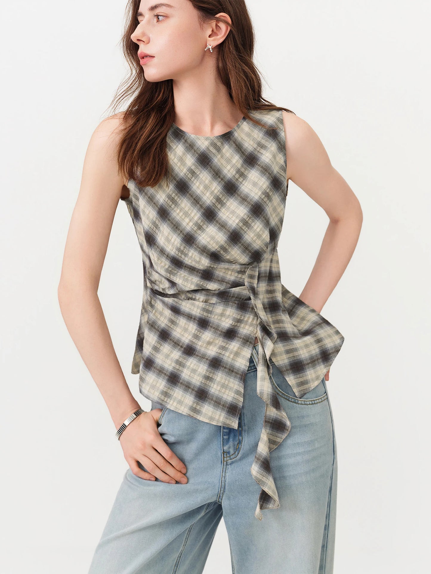 Beige Plaid Tie Waist Sleeveless Blouse