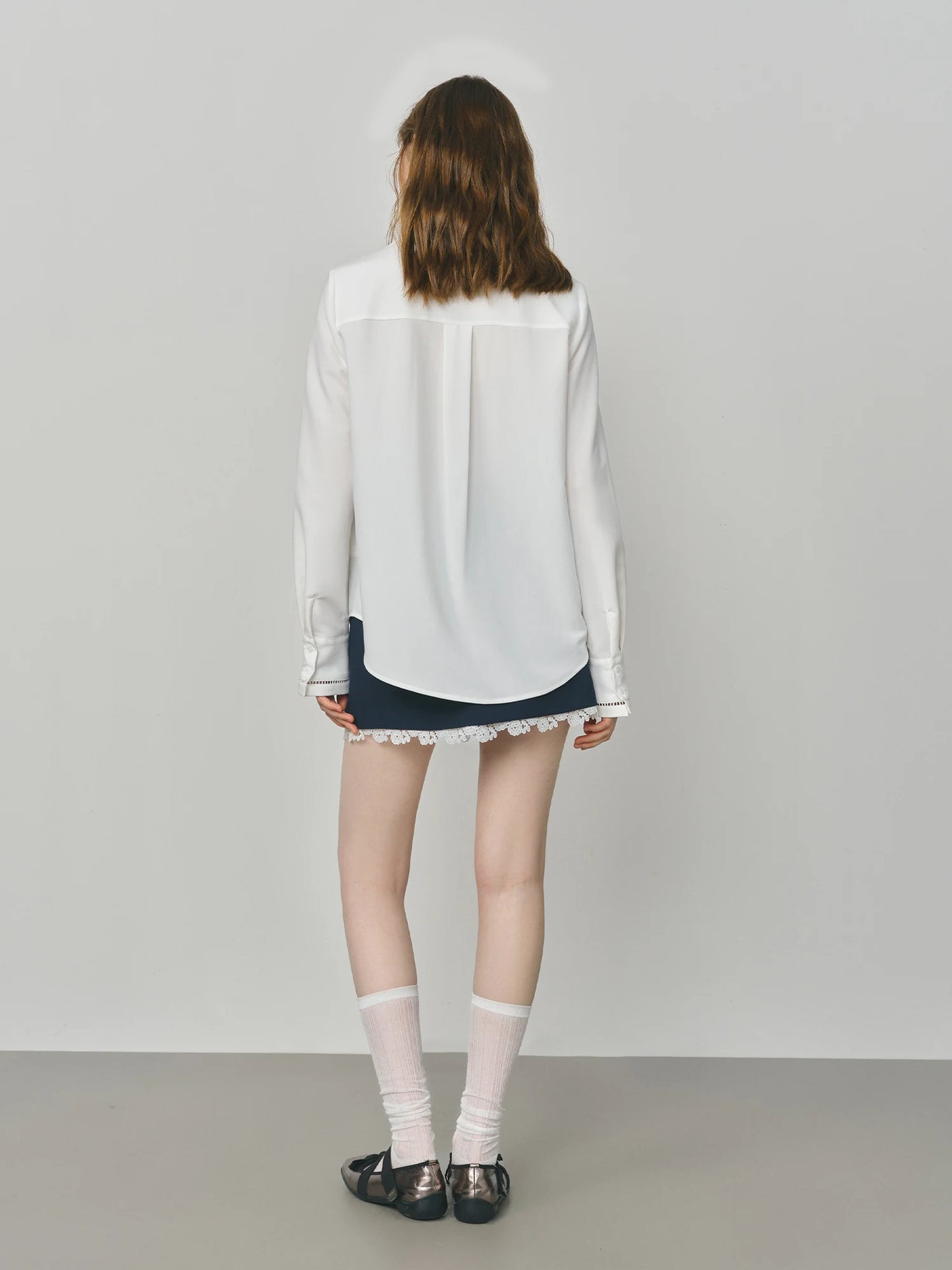 White Lace Panel V Neck Blouse