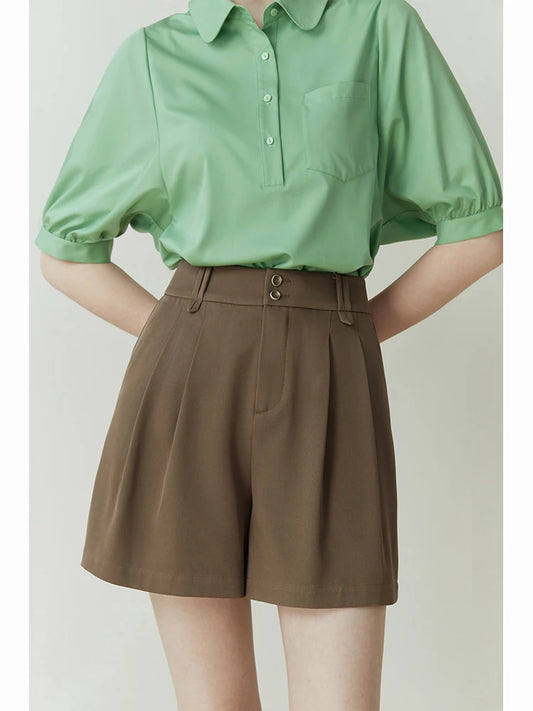 Brown Pleated Belted Bermuda Shorts
