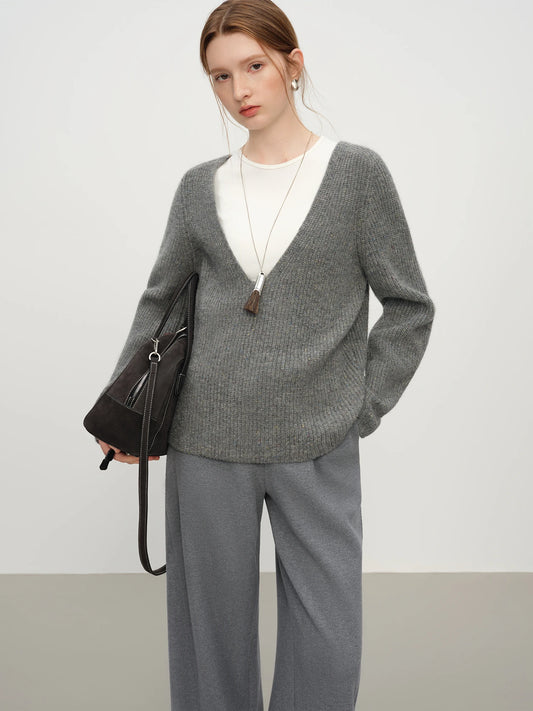 Grey Relaxed V Neck Wool Sweater