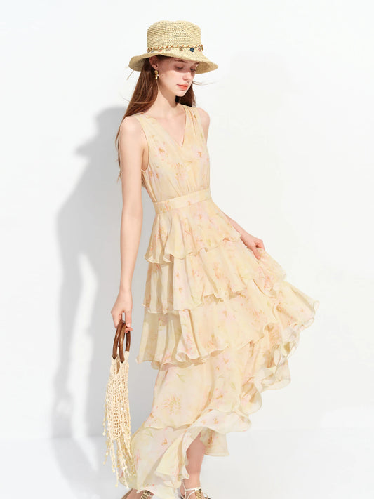 Butter Yellow Floral Tiered Maxi Dress