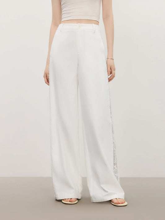 White Lace Trim Wide Leg Pants