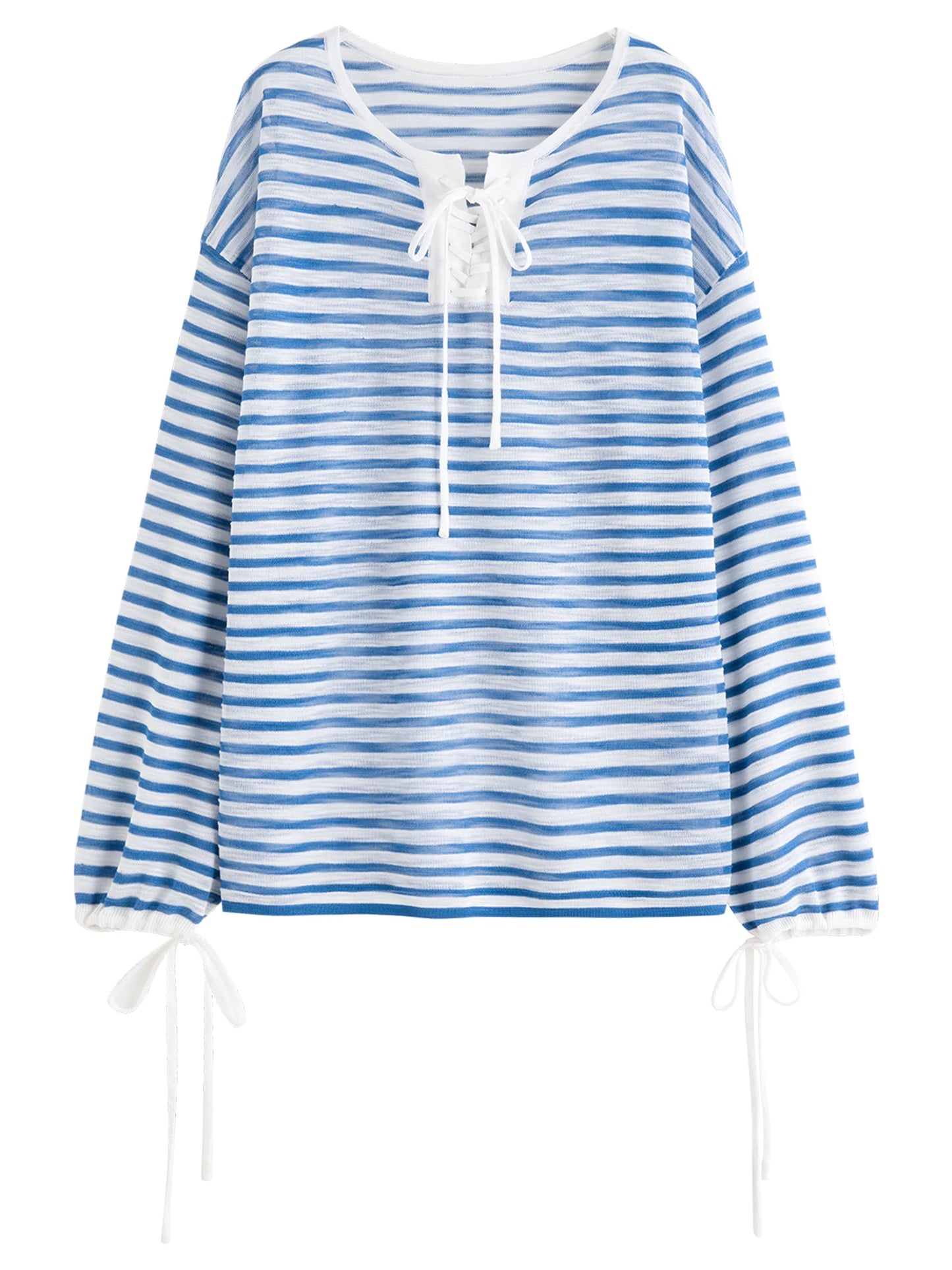 Blue Striped Lace Placket Oversized Shirt