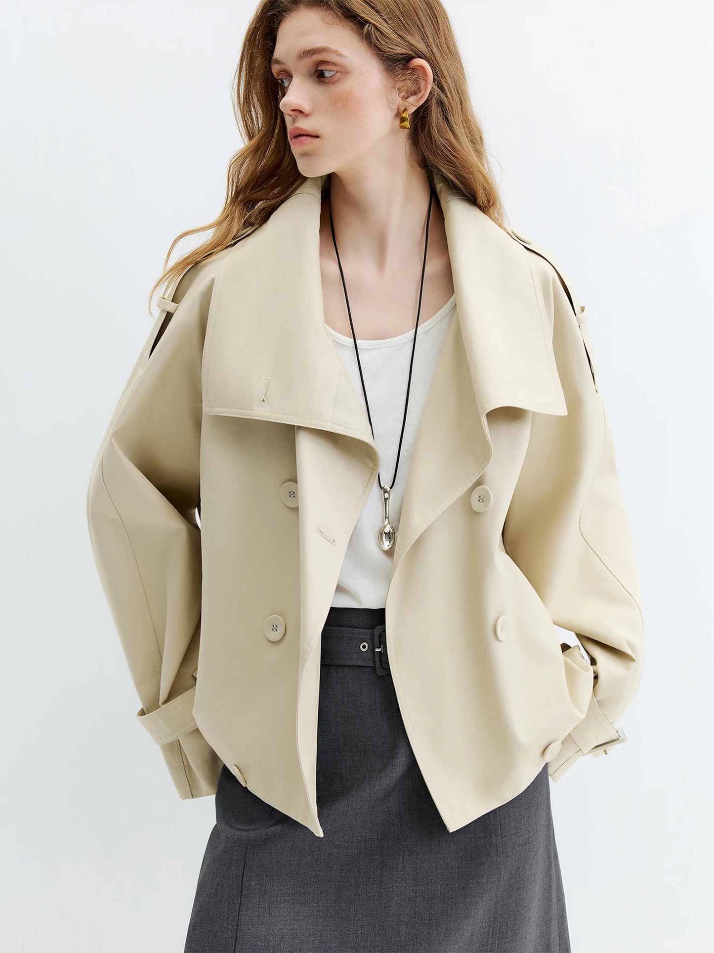 Khaki Double Breasted Cropped Trench Jacket