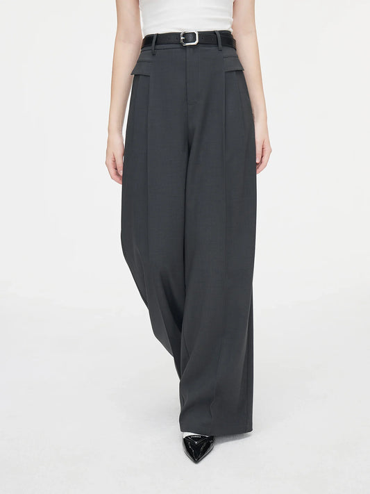 Charcoal Belted Pleated Suit Trousers