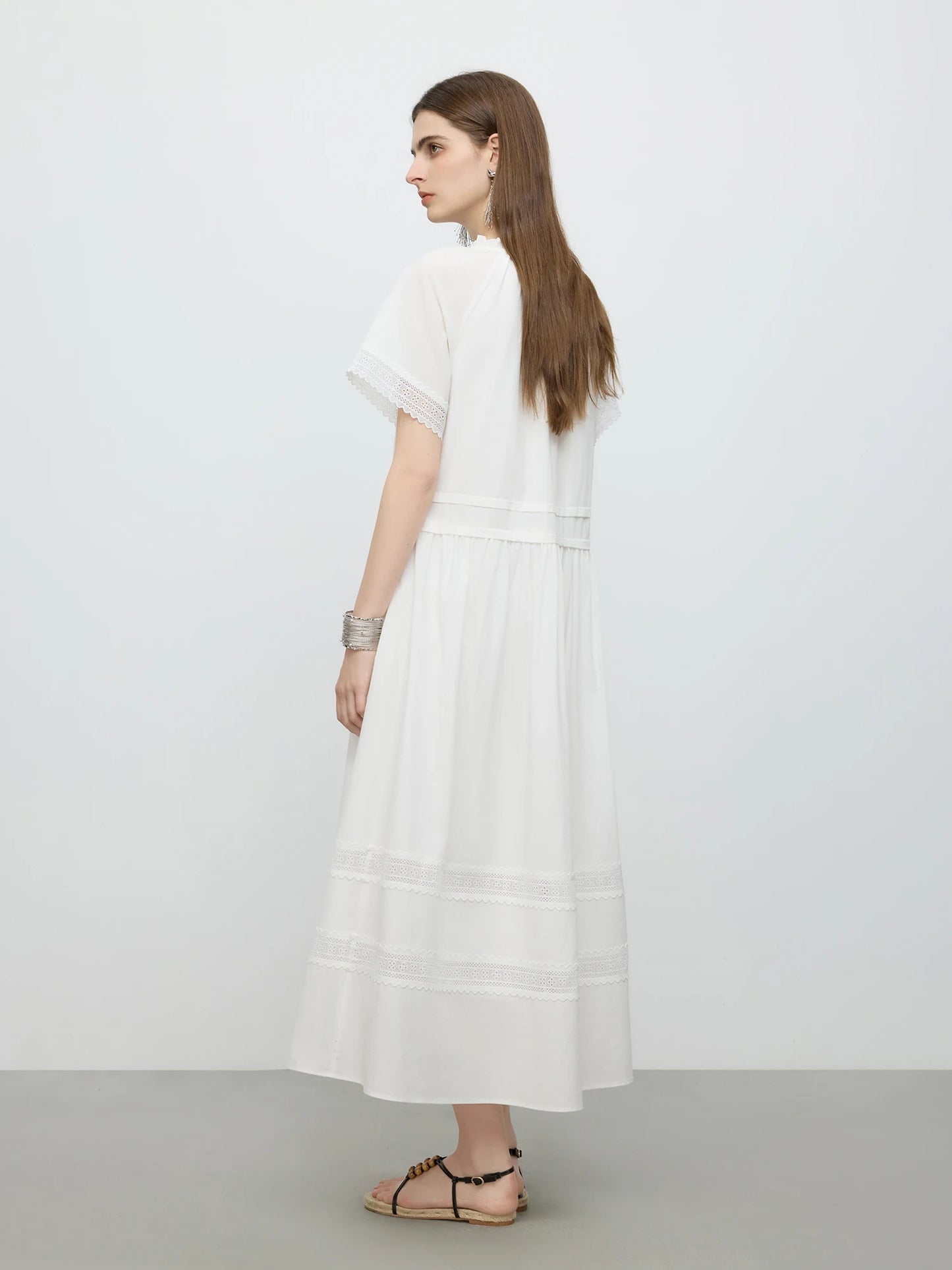 White Lace Panel Shirt Midi Dress