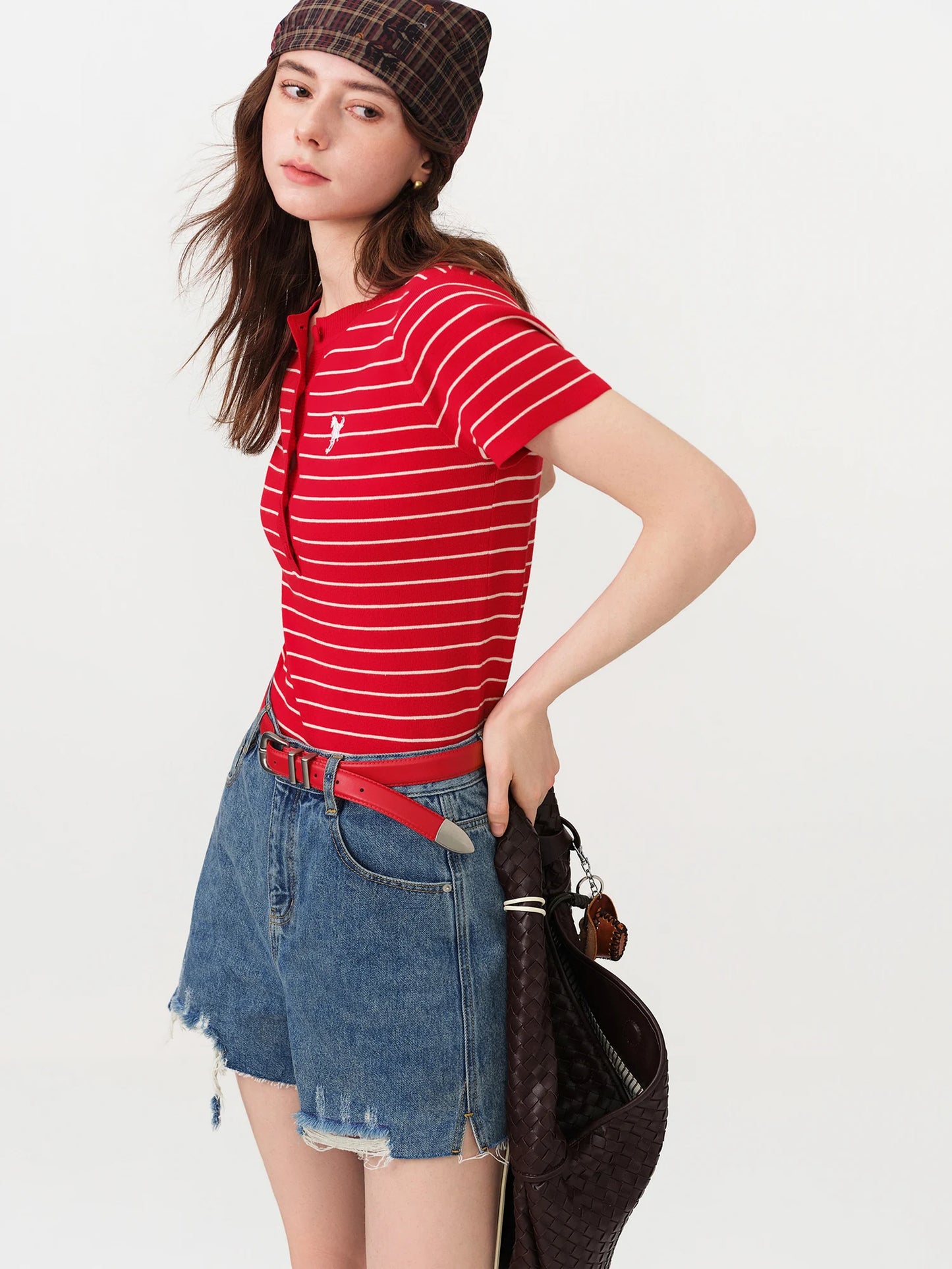 Red Striped Tie Neck Polo Top