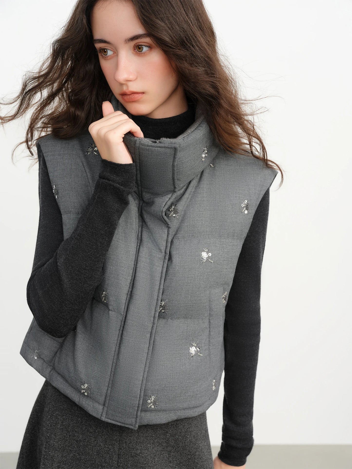 Charcoal Beaded Puffer Vest