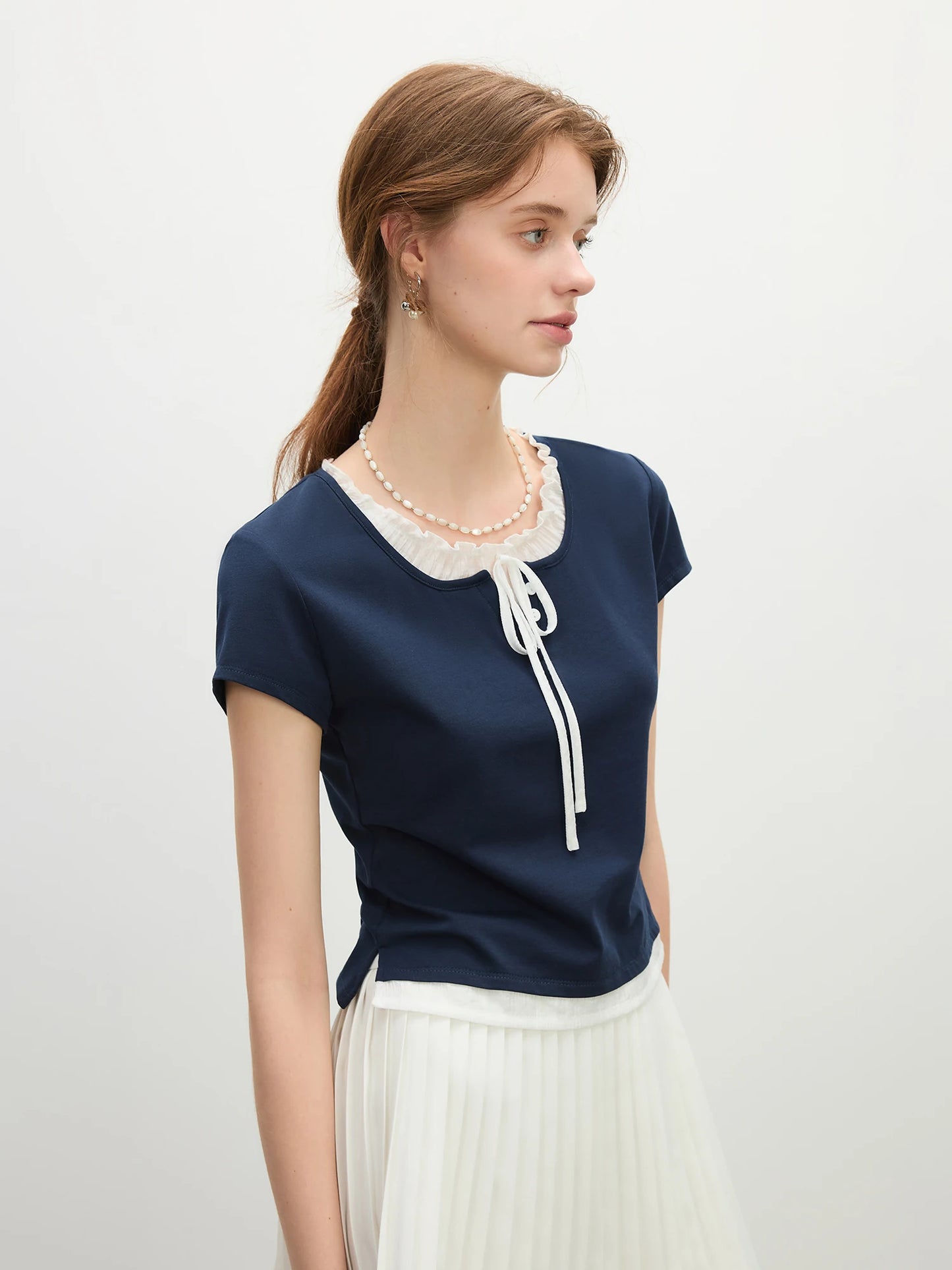 Navy Bow Trim Fitted Knit Tee