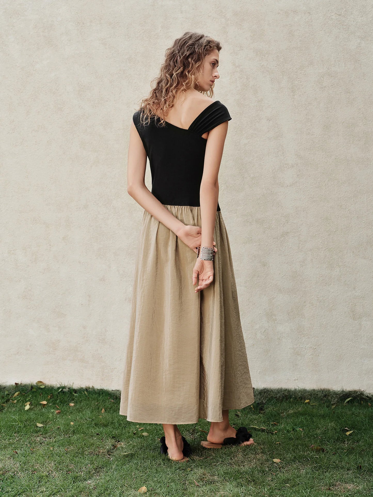 Black Taupe Asymmetric Panel Maxi Dress
