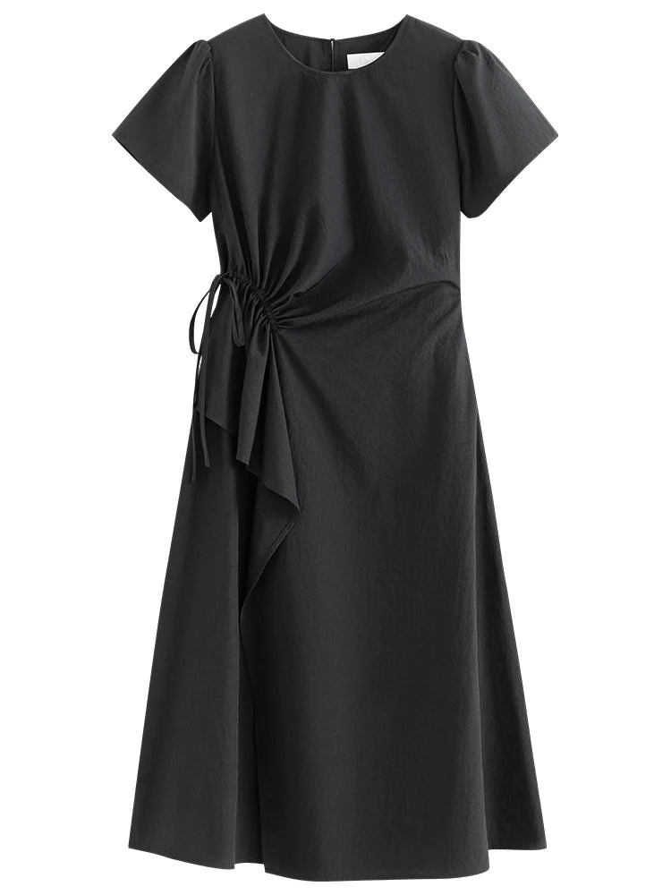 Black Draped Waist Midi Dress