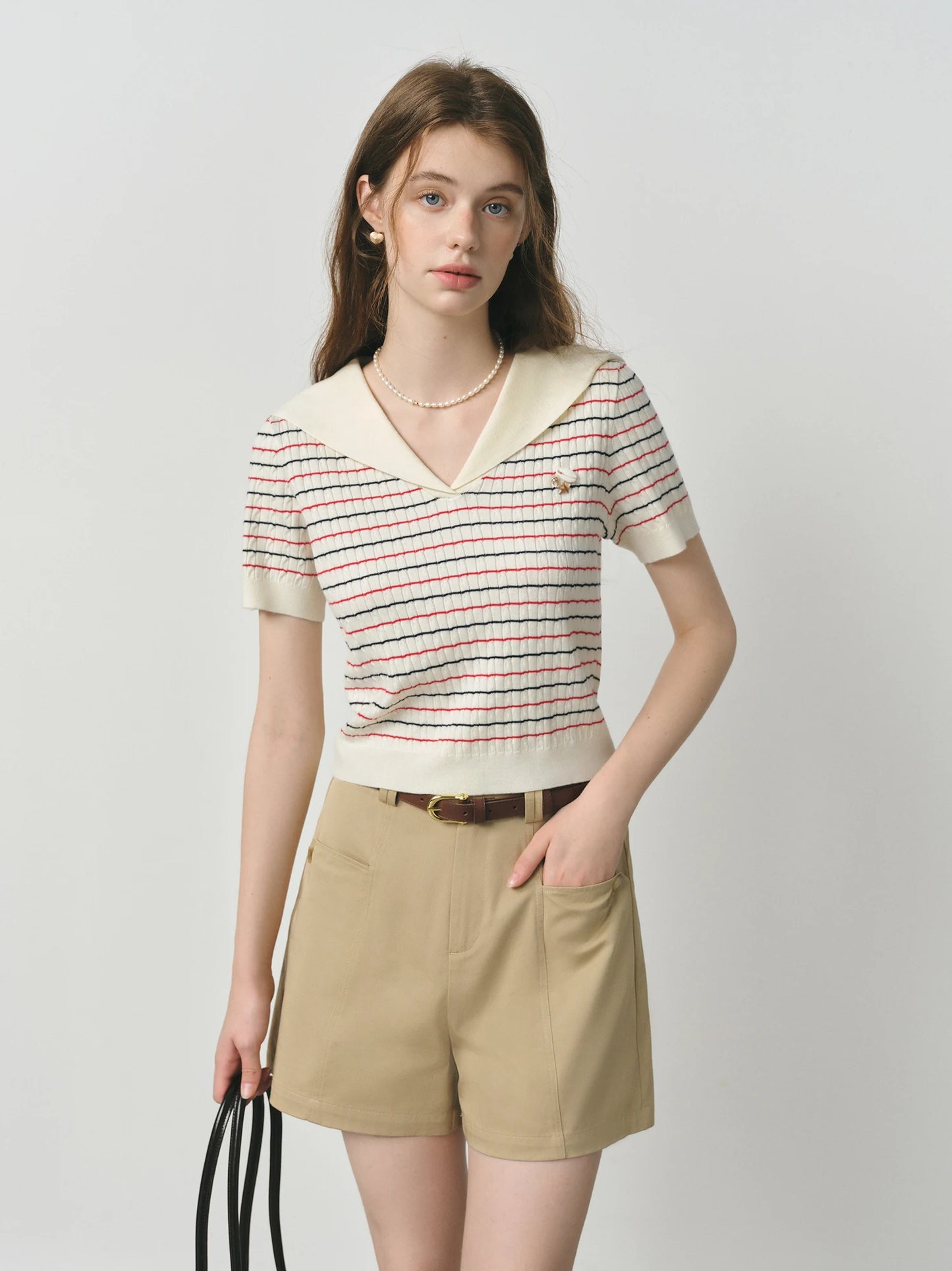 Ivory Striped Short Sleeve Polo Top