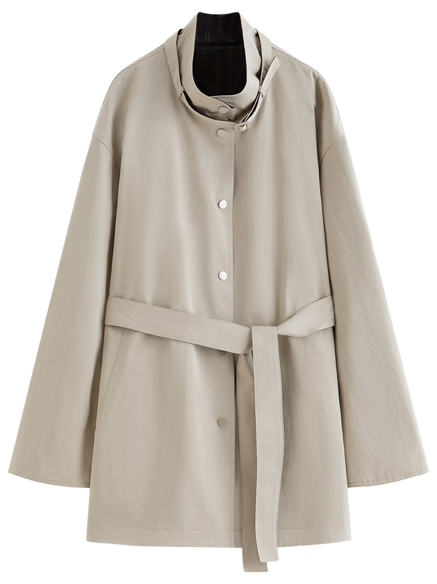 Stone Contrast Cuff Belted Short Trench