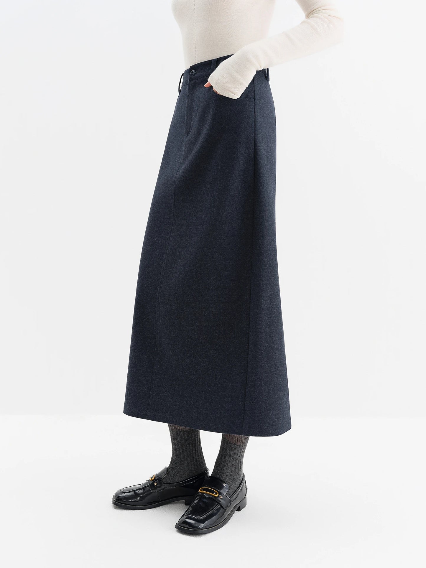 Navy Rivet Denim A-Line Midi Skirt