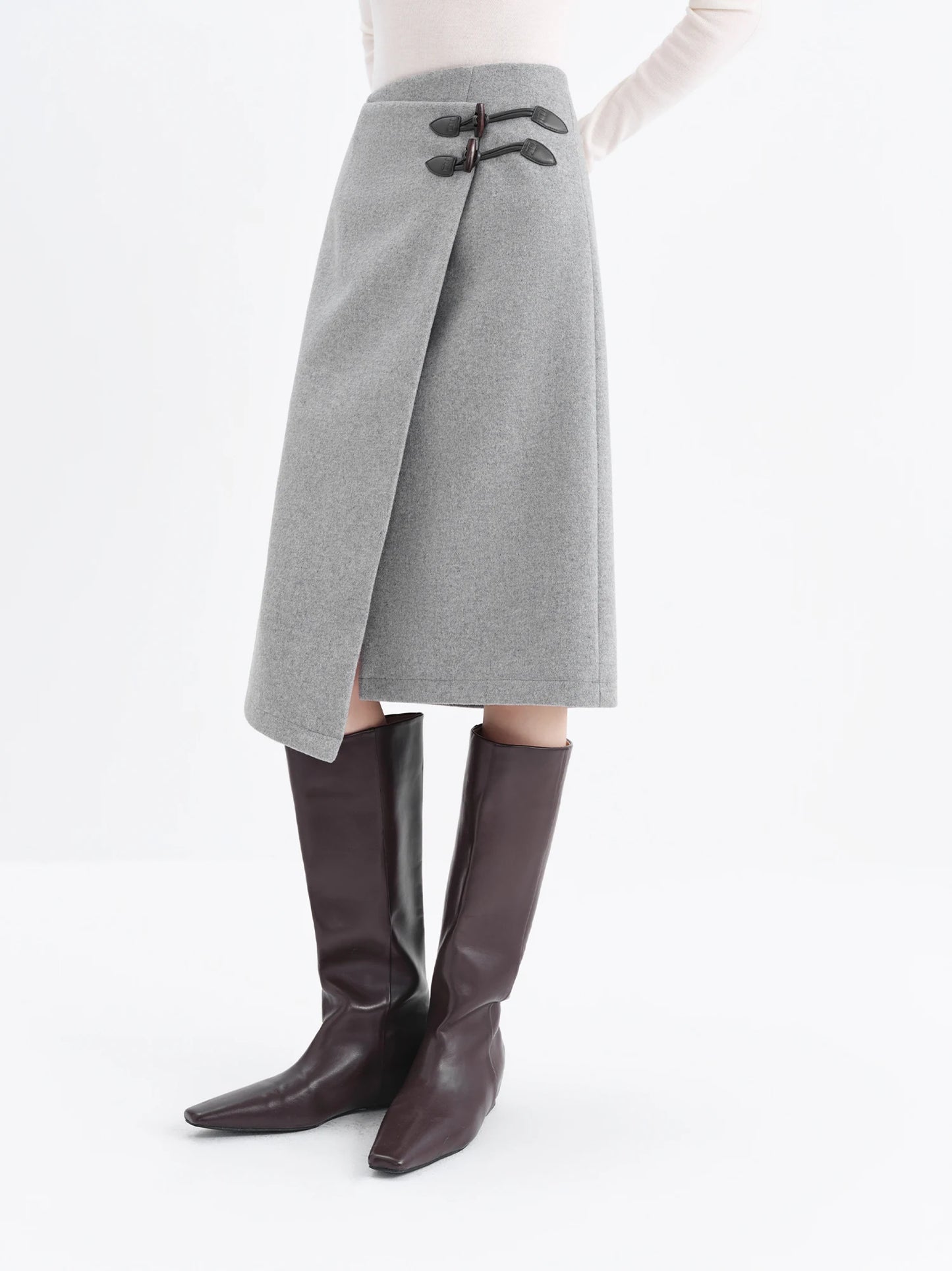 Brown Plaid Buckle Midi Skirt