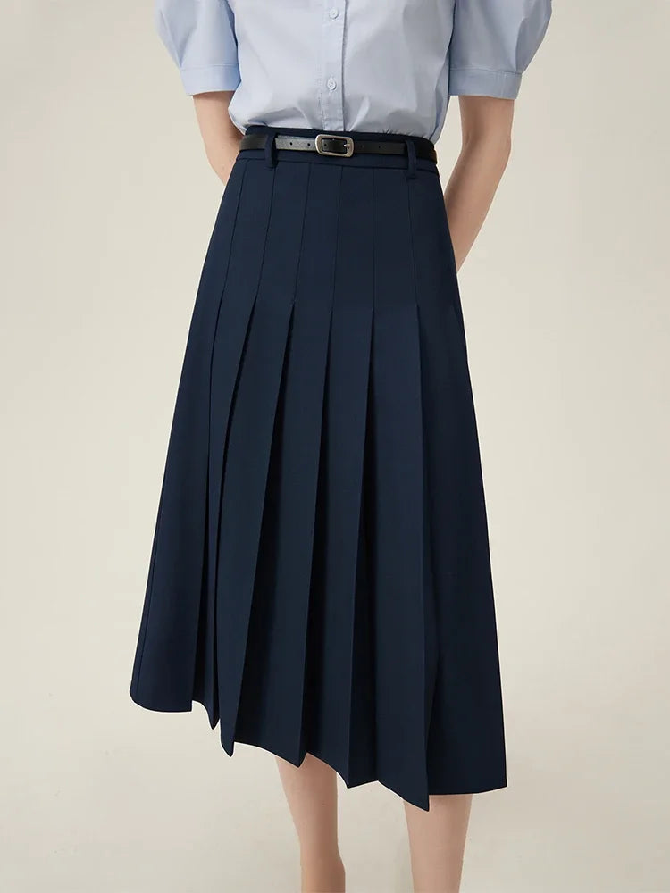 Navy Belted Pleated Midi Skirt