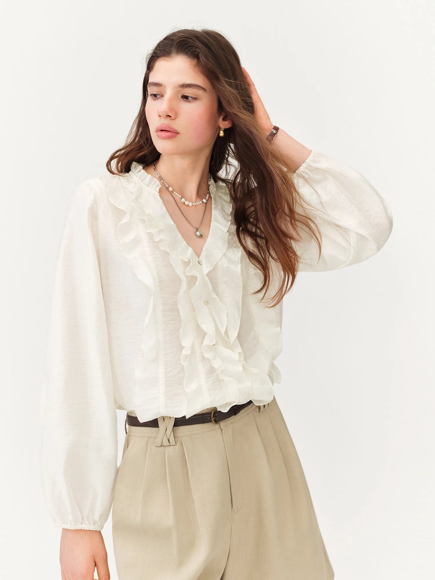 Pale Blue Ruffle Front Blouse
