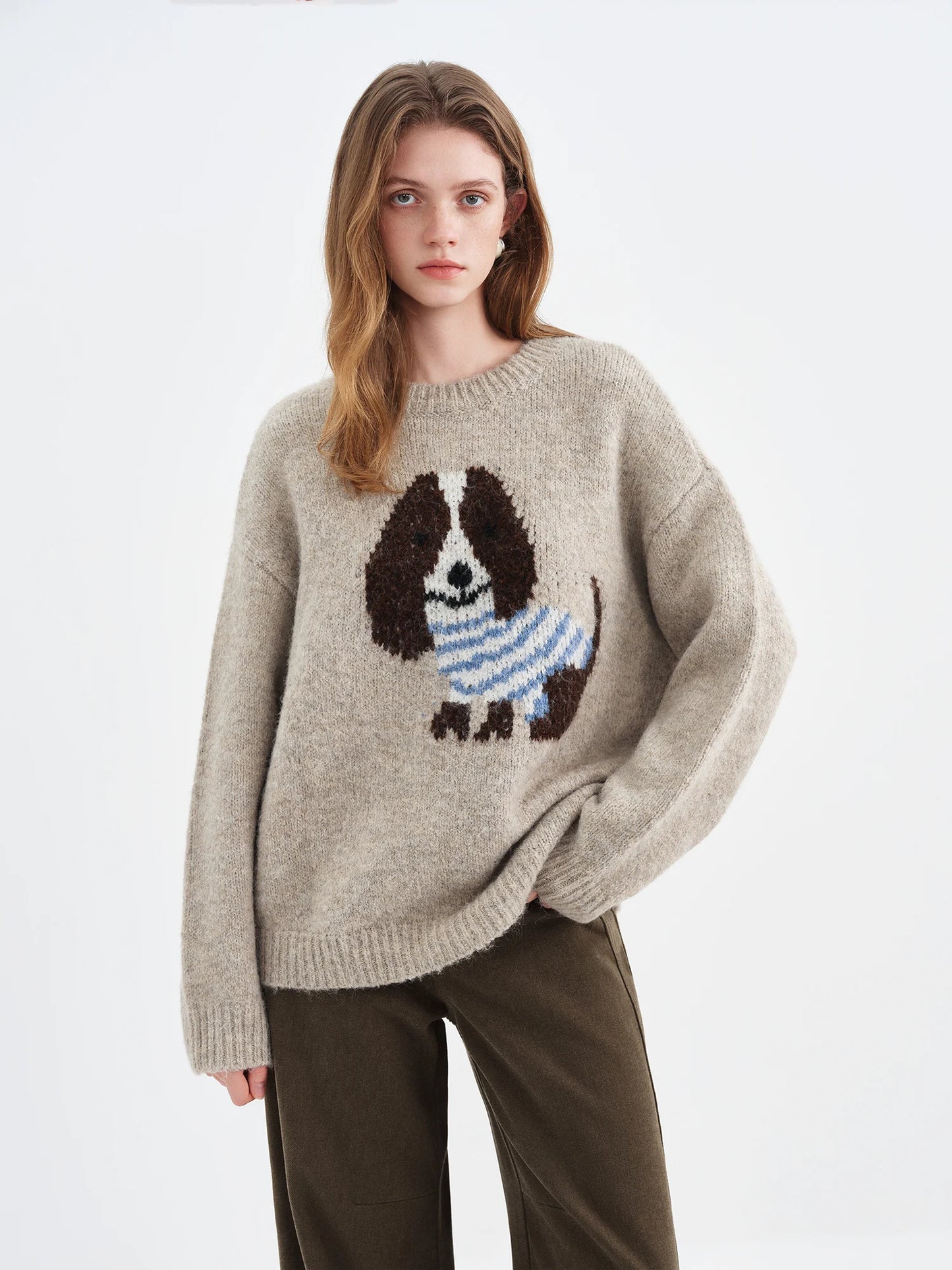 Oatmeal Puppy Jacquard Knit Sweater